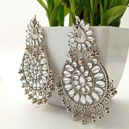 Tehzeeb Creations Women's Silver Colour Earrings With Kundan And Ghungroo Work | Swadesiicart