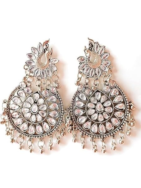 Tehzeeb Creations Women's Silver Colour Earrings With Kundan And Ghungroo Work | Swadesiicart