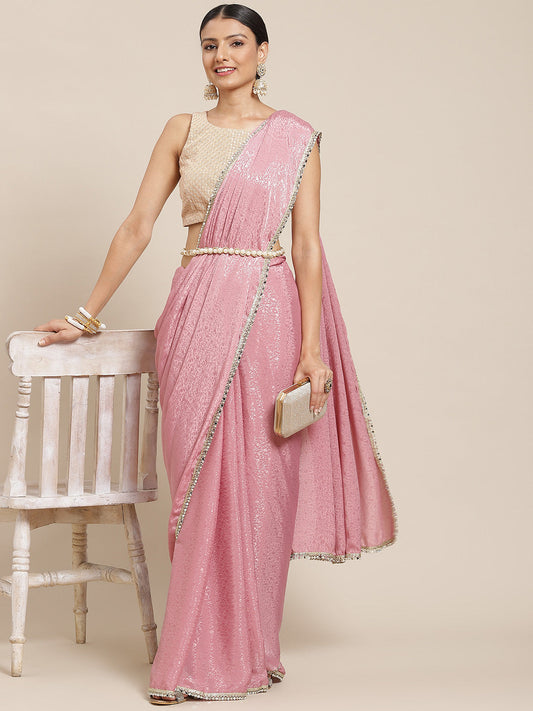 Tikhi Imli Pink Ethnic Motifs Print Saree | Swadesiicart