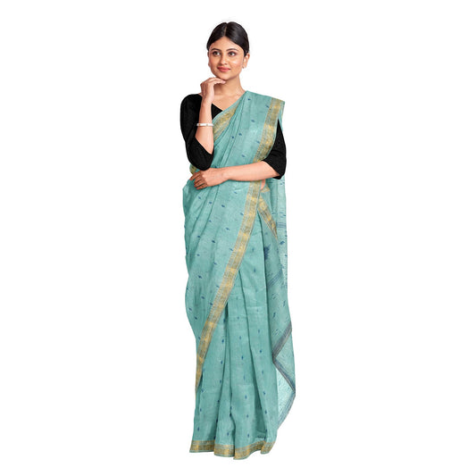Exclusive Collection 100% Pure Cotton Sea Green Tant Saree With Hand Weaving Work - Swadesiicart