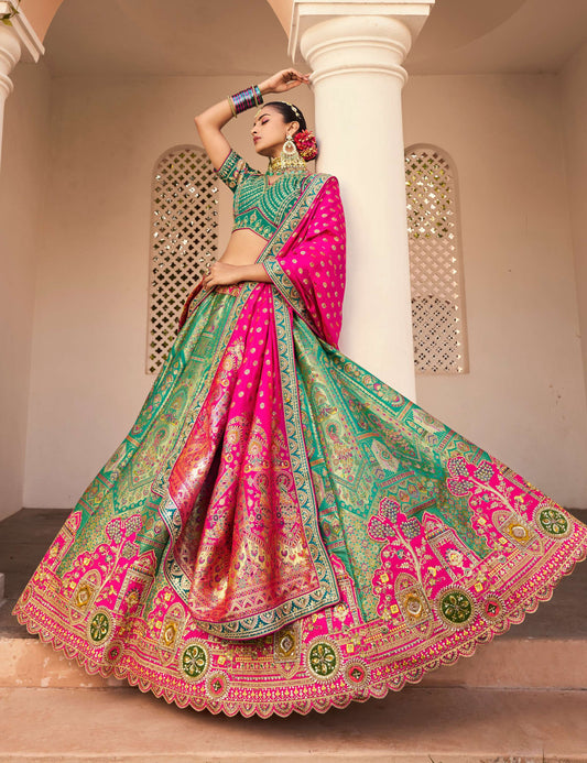 Monjolika Fashion Turquoise Banarasi Silk Diamond Wedding Trendy Lehenga Choli | Swadesiicart