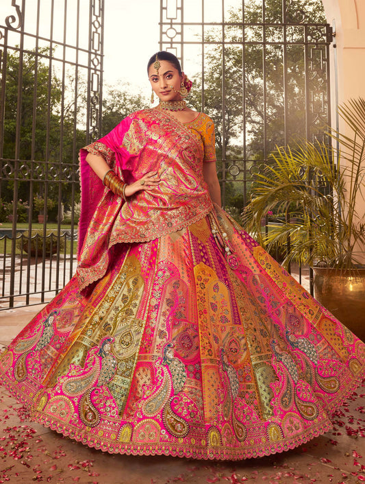 Monjolika Fashion Multi Colour Banarasi Silk Diamond Wedding Trendy Lehenga Choli | Swadesiicart