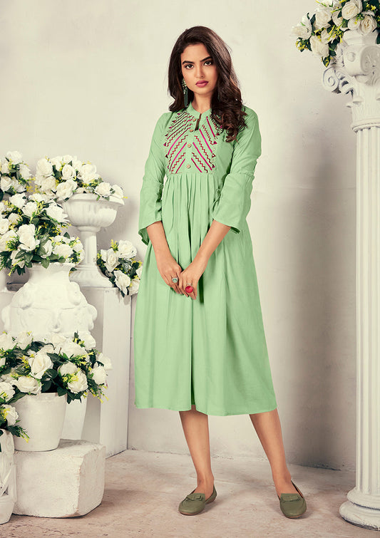Monjolika Fashion Fancy Festive Wear Pista Green Color Rayon Fabric Thread Embroidered Kurti - Swadesiicart