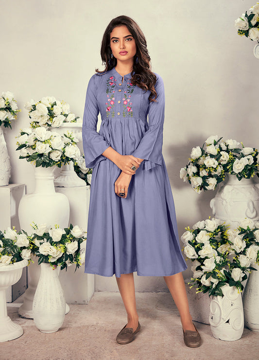 Monjolika Fashion Fancy Festive Wear Lavender Color Rayon Fabric Thread Embroidered Kurti - Swadesiicart