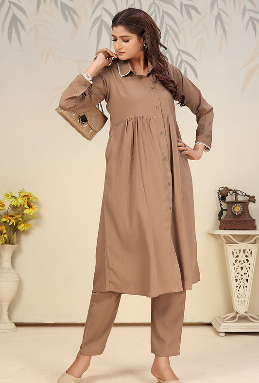 Monjolika Fashion Brown Cotton Solid Festival Casual Kurti - Swadesiicart