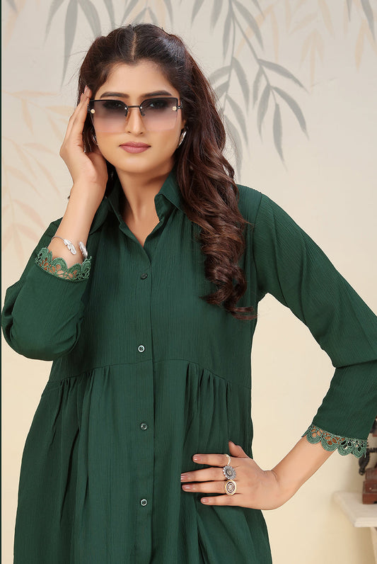 Monjolika Fashion Bottle Green Cotton Solid Festival Casual Kurti - Swadesiicart