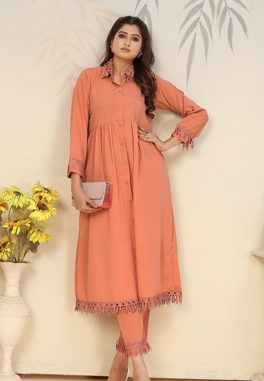 Monjolika Fashion Orange Cotton Solid Festival Casual Kurti - Swadesiicart