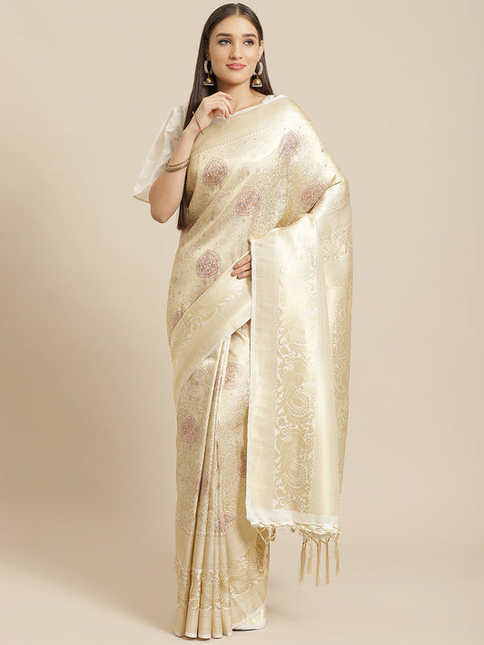 Saree Mall Off-White & Golden Woven Design Banarasi Saree | Swadesiicart