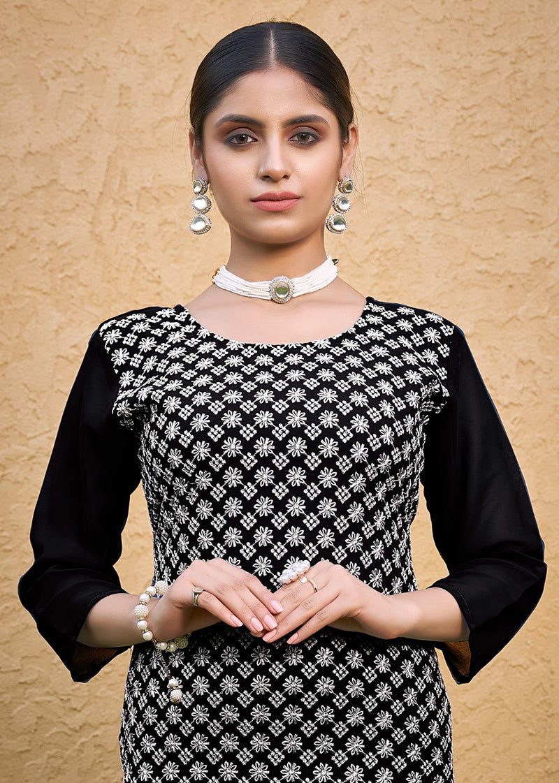 Monjolika Fashion Embroidered Georgette Straight Kurta Set In Black