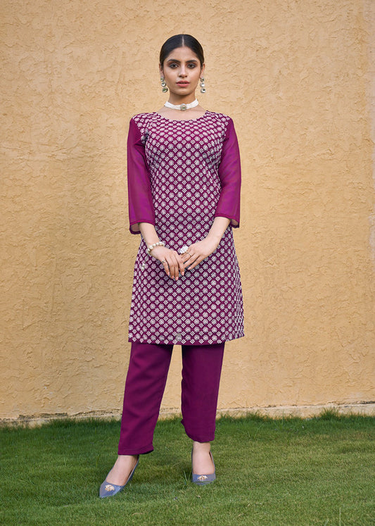 Monjolika Fashion Embroidered Georgette Straight Kurta Set In Purple - Swadesiicart