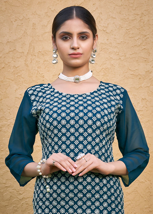 Monjolika Fashion Embroidered Georgette Straight Kurta Set In Teal Blue - Swadesiicart