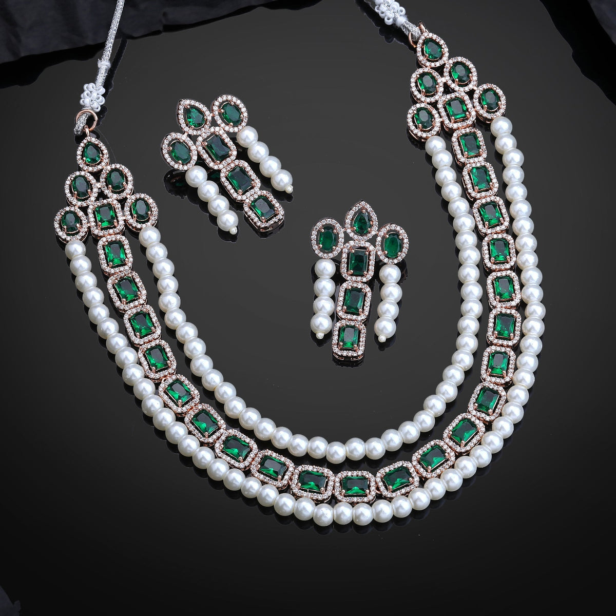 Estele Rose Gold-Polished CZ Captivating Three-Layered Necklace Set with Green Stones & Pearls for Women