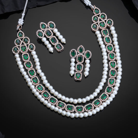 Estele Rose Gold-Polished CZ Captivating Three-Layered Necklace Set with Green Stones & Pearls for Women
