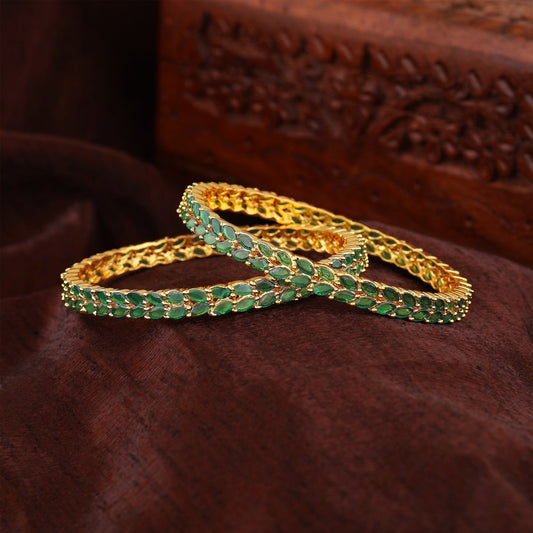 Estele Gold-Polished CZ Marvelous Leafy Designer Bangle with Green Stones for Women - Swadesiicart