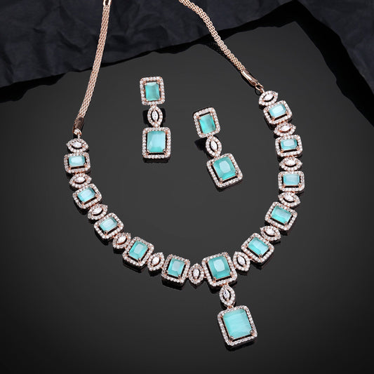 Estele Rose Gold-Polished CZ Shimmering Square Designer Necklace Set with Mint Green Stones for Women - Swadesiicart