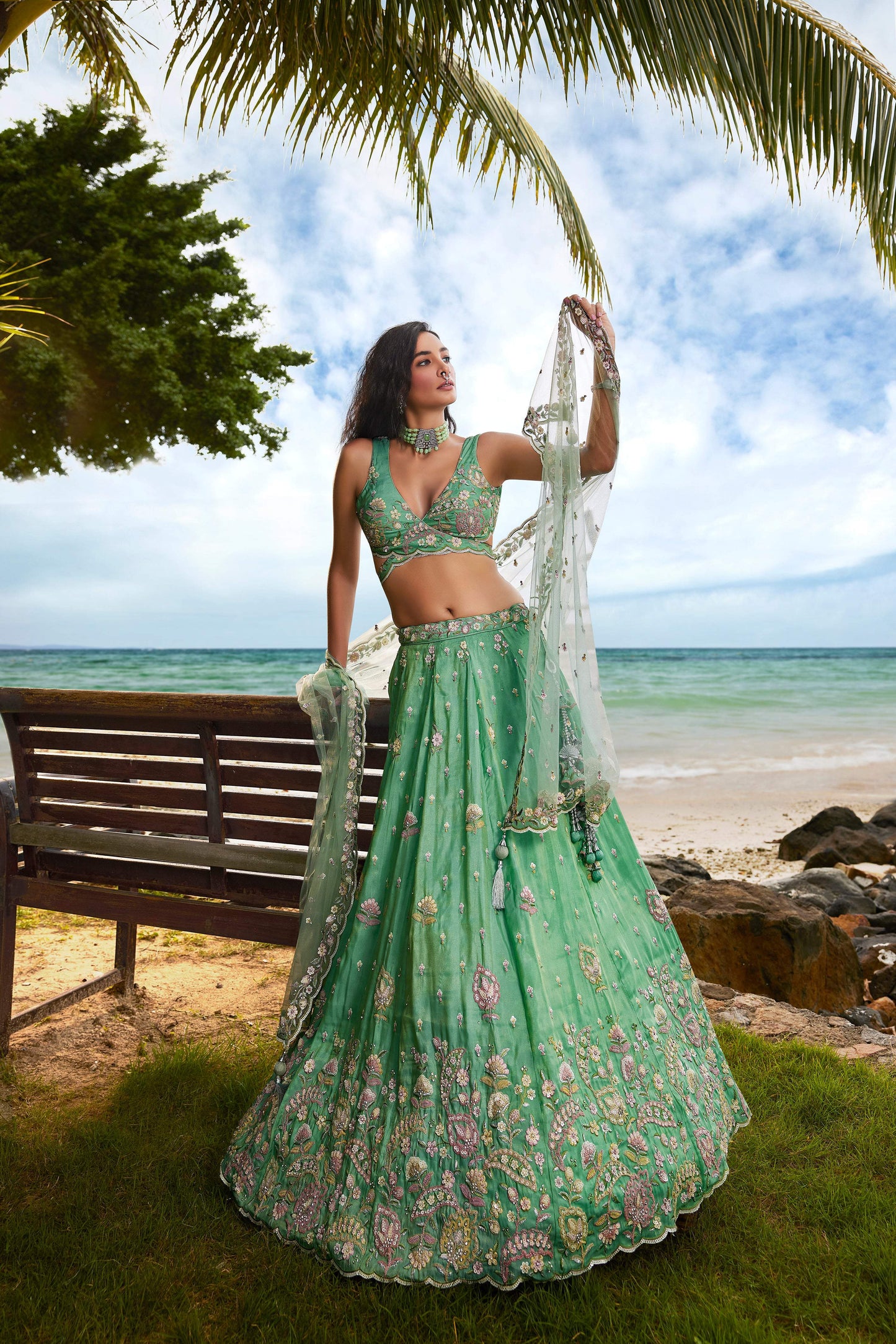 House of Panchhi Sea Green Georgette Sequins, Zarkan And Thread Embroidery Lehenga Choli & Dupatta | Swadesiicart