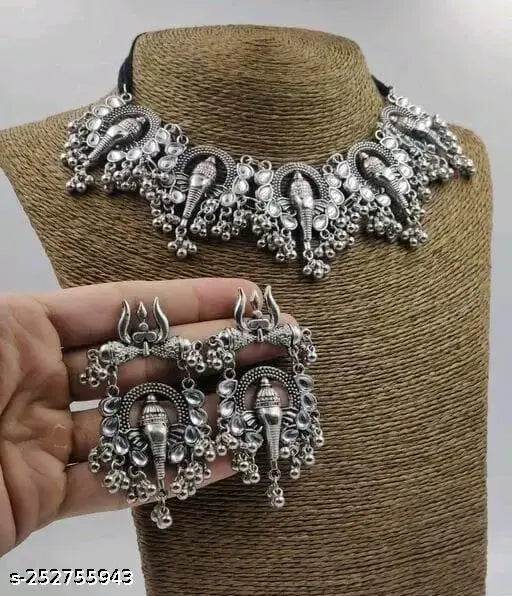 Tehzeeb Creations Women's Silver Colour Oxidised Ganesha Style Necklace Set With White Pearl - Swadesiicart
