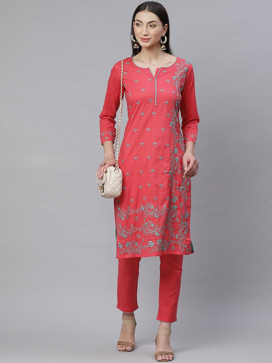ADA Women Pink & Blue Chikankari Hand Embroidered Sustainable Handloom Kurta with Trousers | Swadesiicart