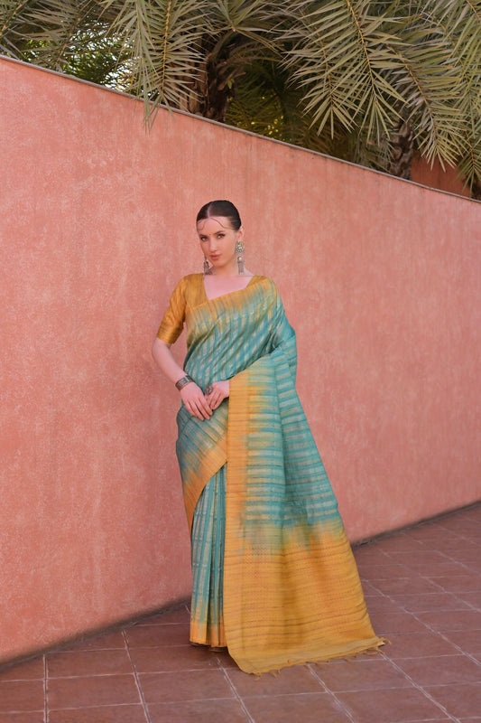 Vishnu Weaves Women's Rama Tussar Silk Woven Saree with Blouse - Swadesiicart