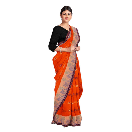 Exclusive Collection 100% Pure Cotton Orange Tant Saree With Hand Weaving Work - Swadesiicart