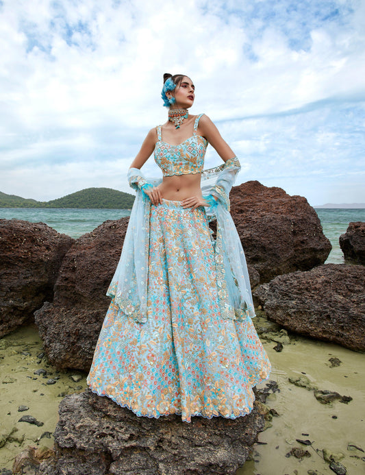 House of Panchhi Turquoise Blue Net Multi Colour Sequins, Zarkans And Thread Embroidery Lehenga Choli & Dupatta