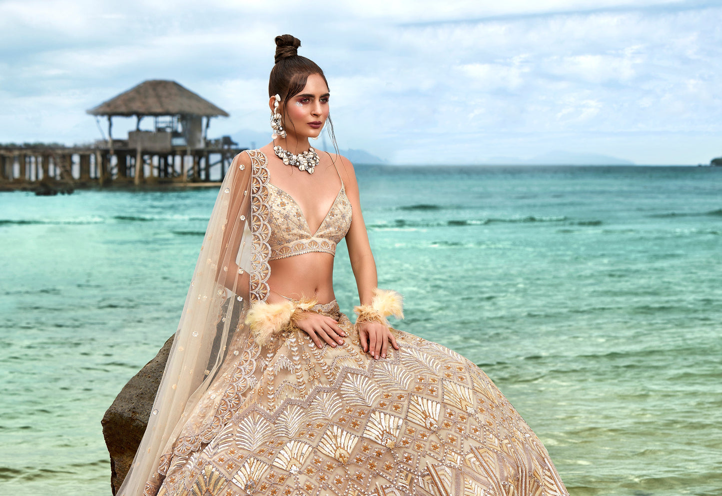 House of Panchhi Cream Net Sequins, Zarkan And Thread Embroidery Lehenga Choli & Dupatta | Swadesiicart