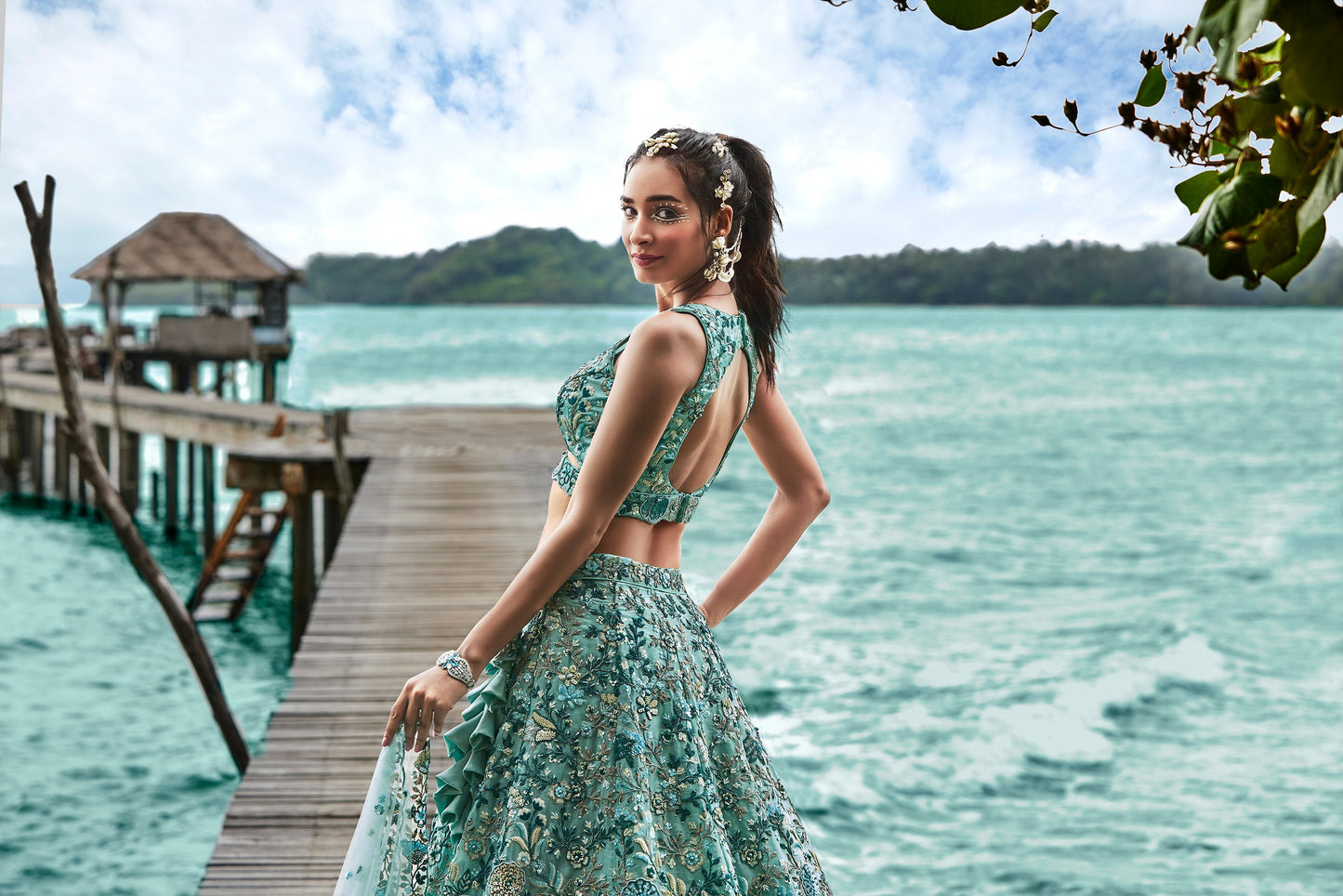 House of Panchhi Turquoise Blue Organza Sequins, Moti And Thread Embroidery Lehenga Choli & Dupatta | Swadesiicart
