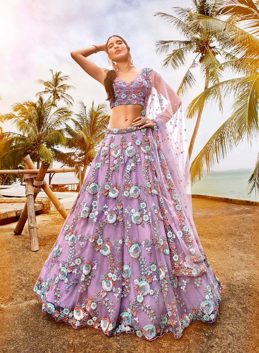 House of Panchhi Mauve Net Sequins & Zarkan Embroidery Lehenga Choli & Dupatta | Swadesiicart