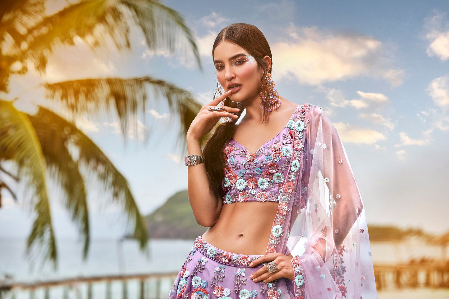 House of Panchhi Mauve Net Sequins & Zarkan Embroidery Lehenga Choli & Dupatta | Swadesiicart