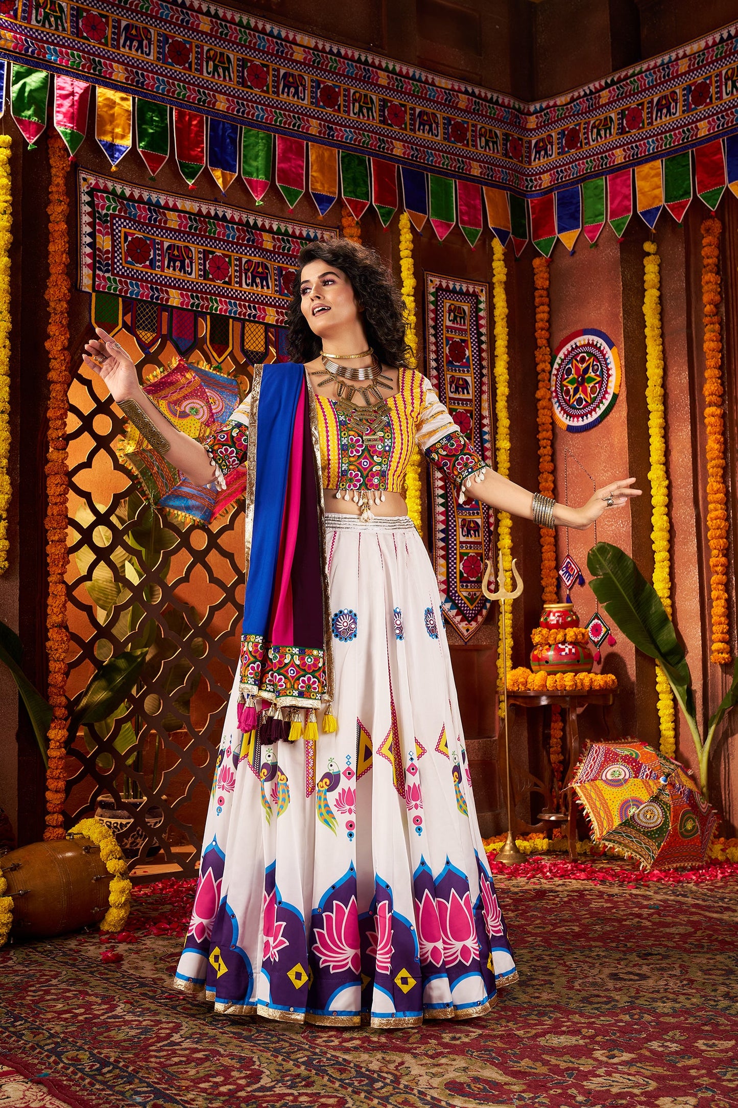 Monjolika Fashion Gajji Silk White Navratri Chaniya Choli In Multi Thread And Mirror Hand Work - Swadesiicart