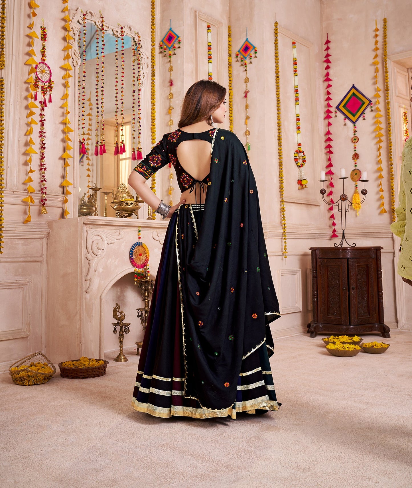 Monjolika Fashion Multi-Color Viscose Cotton Navratri Lehenga Choli With Hand Mirror Work - Swadesiicart