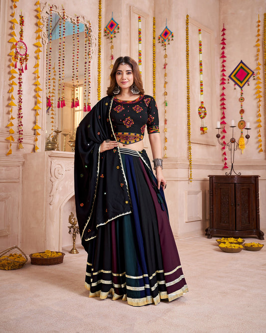 Monjolika Fashion Multi-Color Viscose Cotton Navratri Lehenga Choli With Hand Mirror Work - Swadesiicart