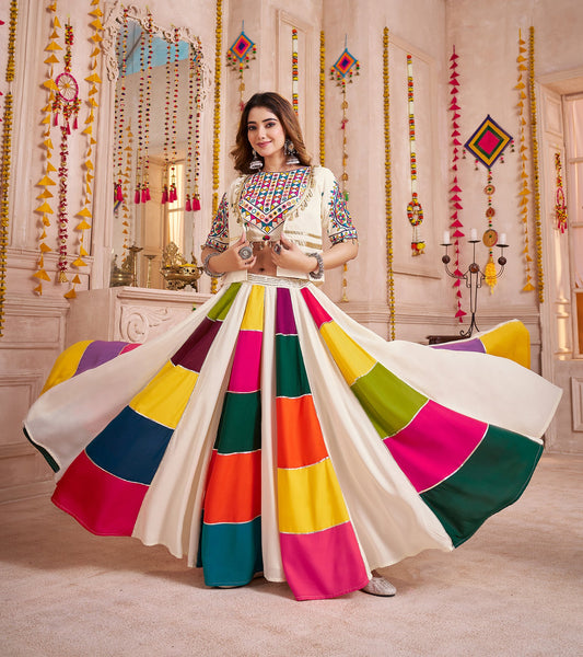 Monjolika Fashion Multicolor Viscose Cotton Navratri Chaniya Choli With Kutchi And Mirror Work Jacket - Swadesiicart