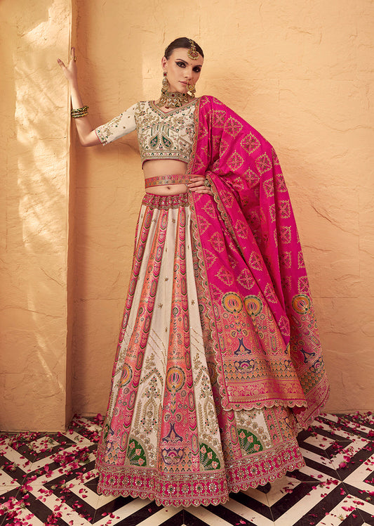 Monjolika Fashion Multicolor Banarasi Silk Wedding Wear Lehenga With Embroidery Work | Swadesiicart
