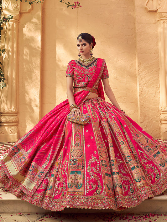 Monjolika Fashion Hot Pink & Peach Banarasi Silk Wedding Wear Lehenga With Embroidery Work | Swadesiicart