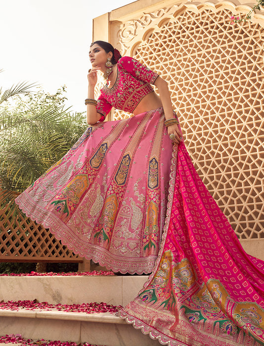 Monjolika Fashion Onion Pink Banarasi Silk Wedding Wear Lehenga With Embroidery Work | Swadesiicart