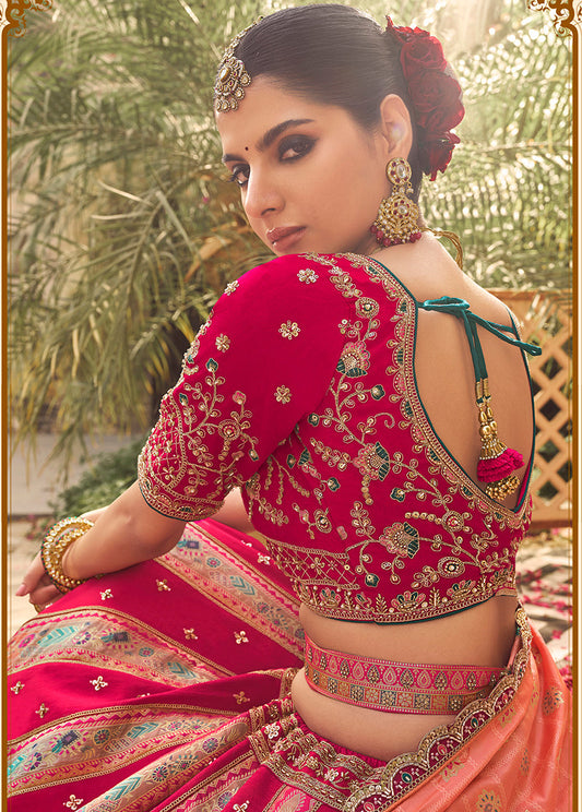 Monjolika Fashion Rani Pink & Peach Banarasi Silk Wedding Wear Lehenga With Embroidery Work | Swadesiicart