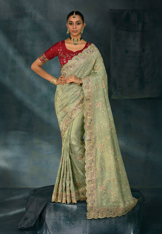 Monjolika Fashion Sea Green With Lakhanvi And Zarkan Work Banarasi Silk Blend Saree | Swadesiicart