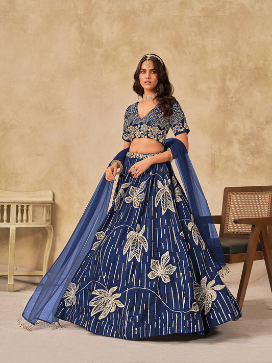 Monjolika Fashion Navy Blue Embroidered Art Silk Reception Trendy Lehenga Choli - Swadesiicart