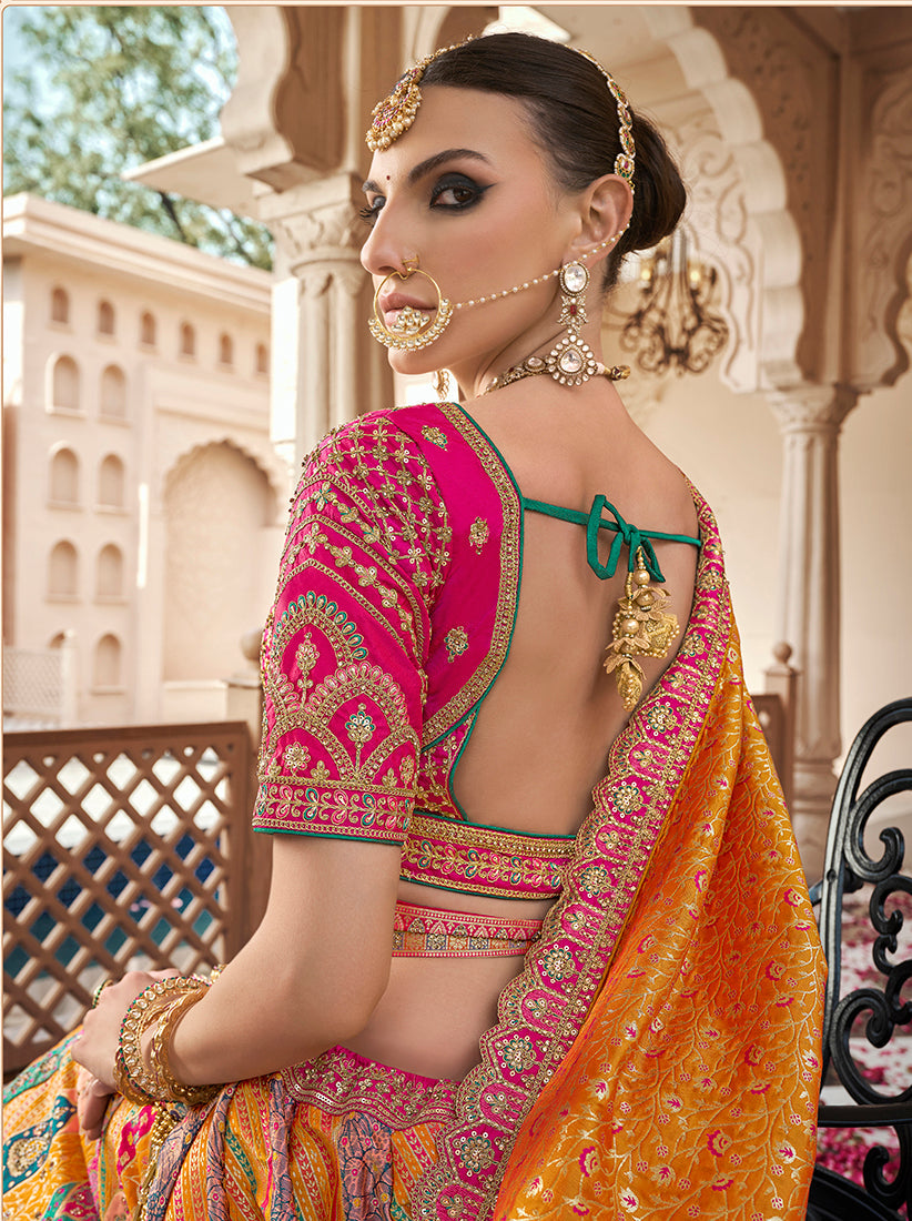 Monjolika Fashion Mustard Multicolor Premium Banarasi Silk With Zarkan & Cutwork Wedding Wear Lehenga | Swadesiicart