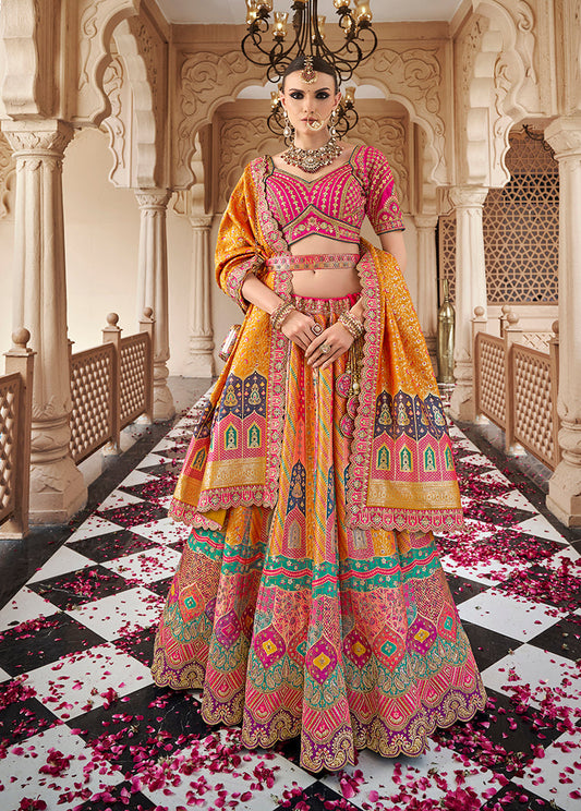 Monjolika Fashion Mustard Multicolor Premium Banarasi Silk With Zarkan & Cutwork Wedding Wear Lehenga | Swadesiicart