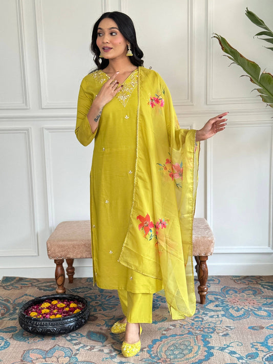 The52 Yellow Embroidered Rayon Slub Fabric Straight Kurta, Pant and Dupatta Set - Swadesiicart