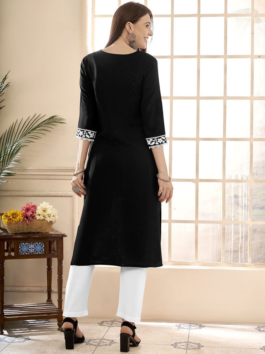 Anouk Floral Embroidered Round Neck Chikankari Straight Kurta | Swadesiicart