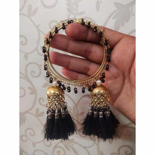 Gold Color With Black Pearls, Threads, And Jhumkas Bangles