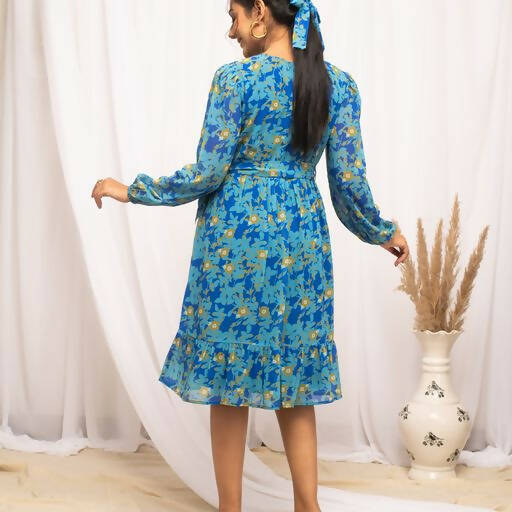 FIORRA Women's Navy Blue Georgette Floral Printed Western Dress - Swadesiicart
