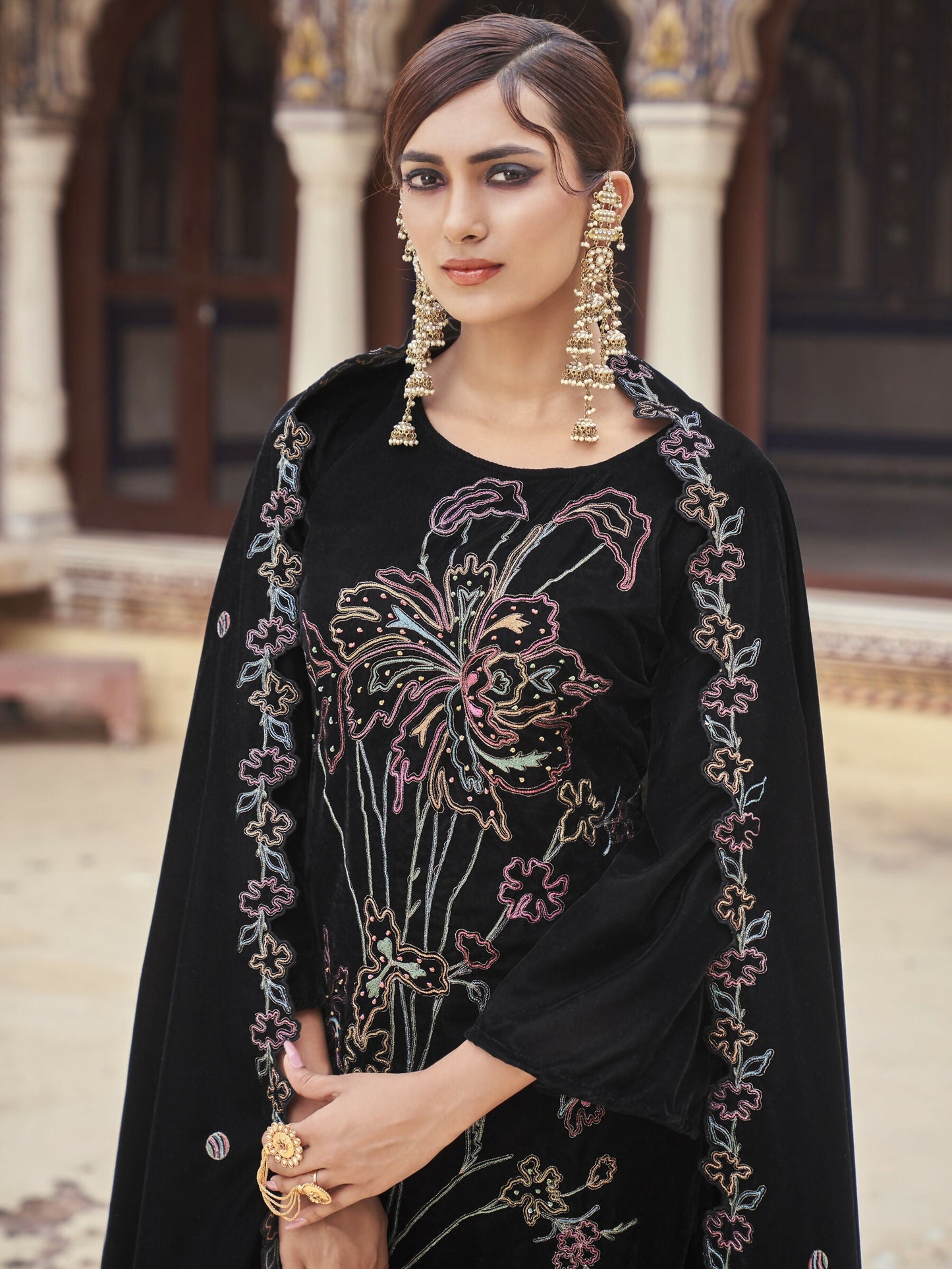 Jyoti Fashion Women's Black Velvet Resham Thread with Jari & Sequin Kurta with Trouser & Dupatta | Swadesiicart