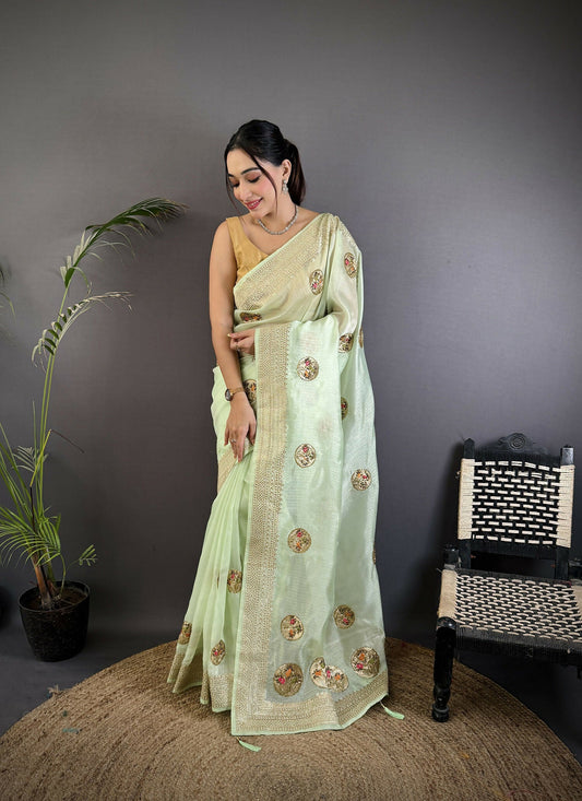 Joban Fashion Light Green Handloom Banarasi Organza Silk Khatali Butta Work Saree | Swadesiicart