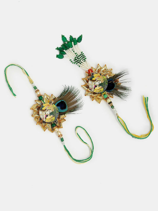 NVR Women & Men Set of 2 Green Radha Krishna Beaded Bhaiya Bhabhi Rakhi With Roli Chawal | Swadesiicart