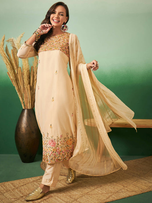 Light Orange Georgette Handwork Unstitched Dress Material - Hanika | Swadesiicart