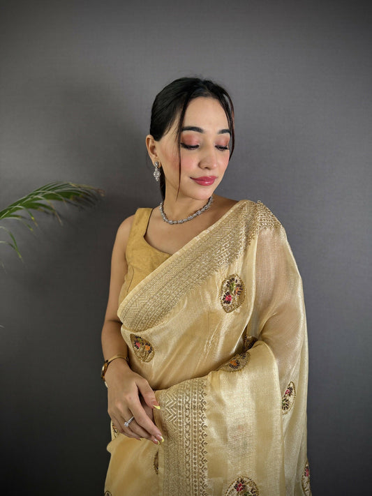 Joban Fashion Light Yellow Handloom Banarasi Organza Silk Khatali Butta Work Saree | Swadesiicart